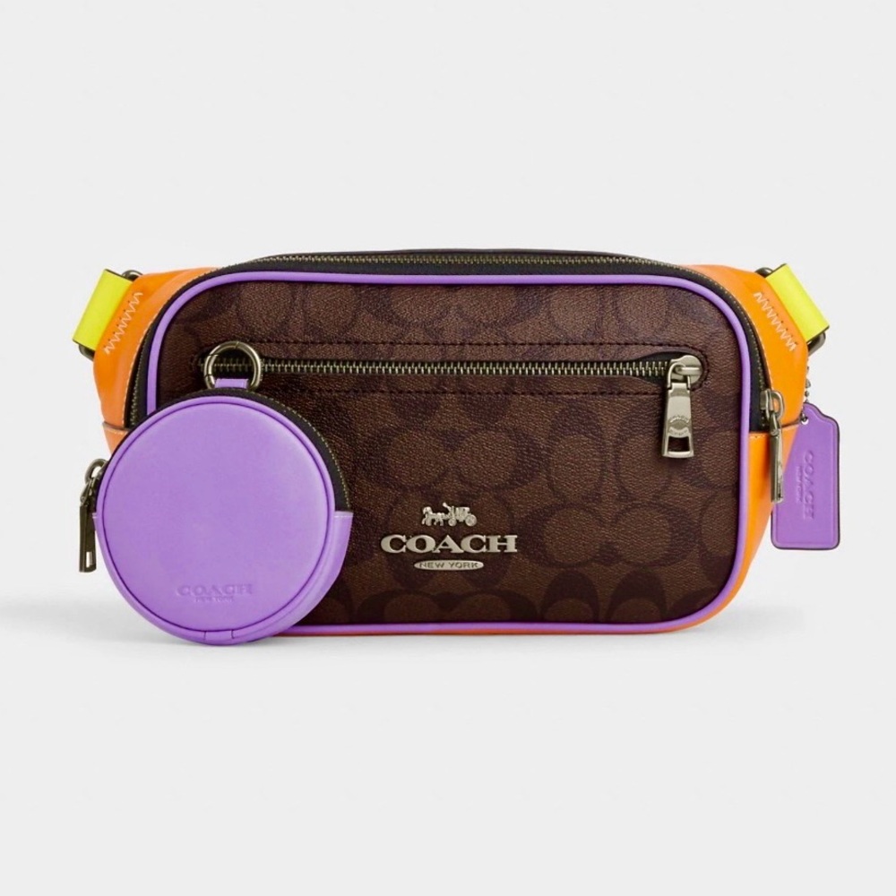 Coach Elias Crossbody Belt Bag - Neon Colorblock & Signature Brown Canvas -NWOT